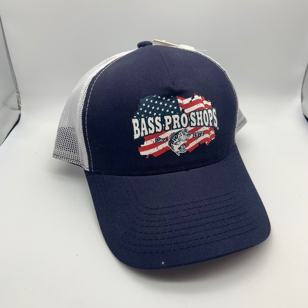 Bass Pro Shop American Flag Fishing Meshback Snapback in Navy/White